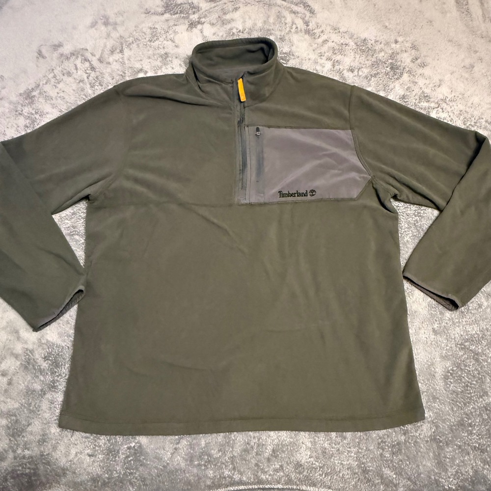 Timberland Mens Fleece Pullover Shirt Green XL Half Zip Pocket Logo Outdoors